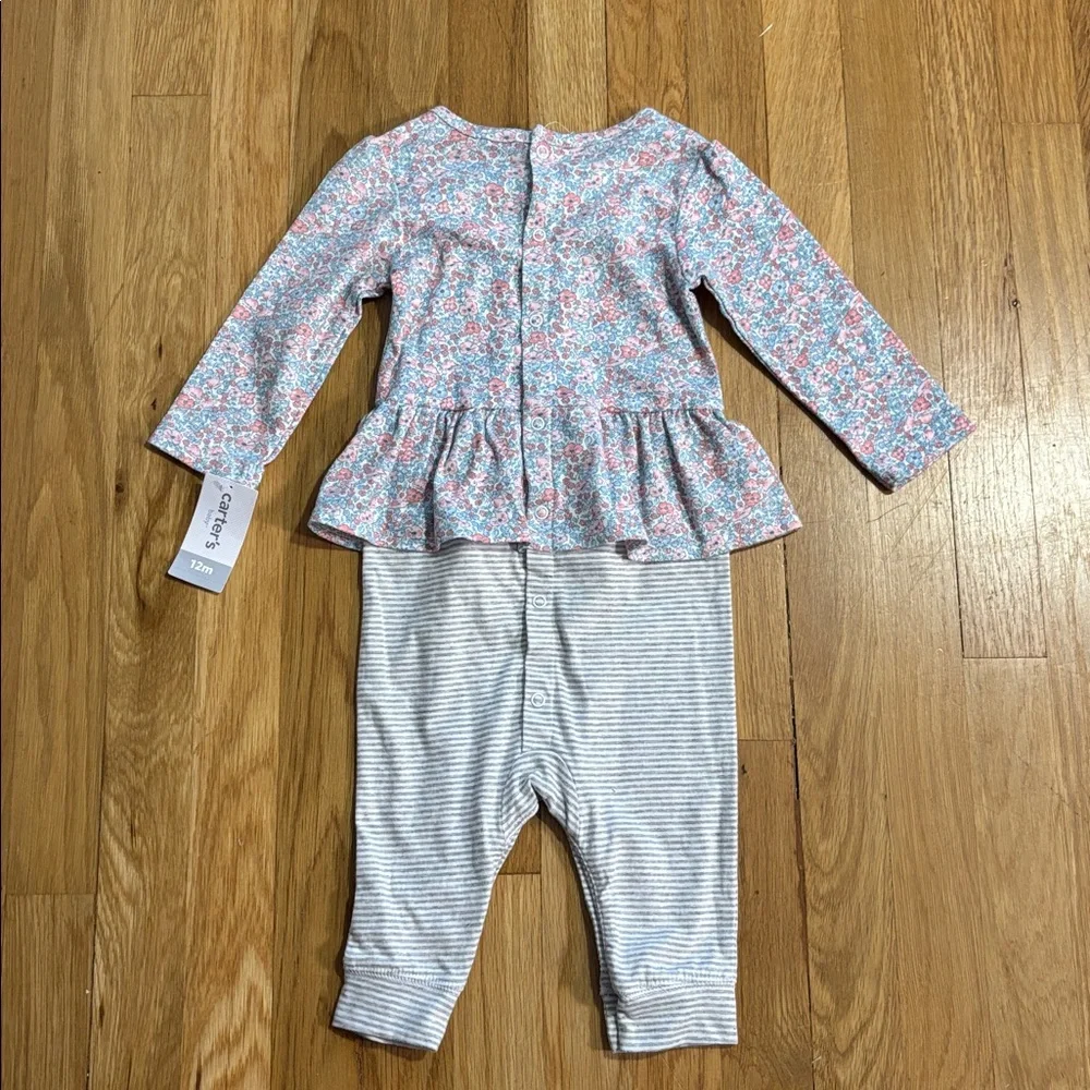 Carter's Pink Floral Top and Gray Striped Pants Set One Piece 12m